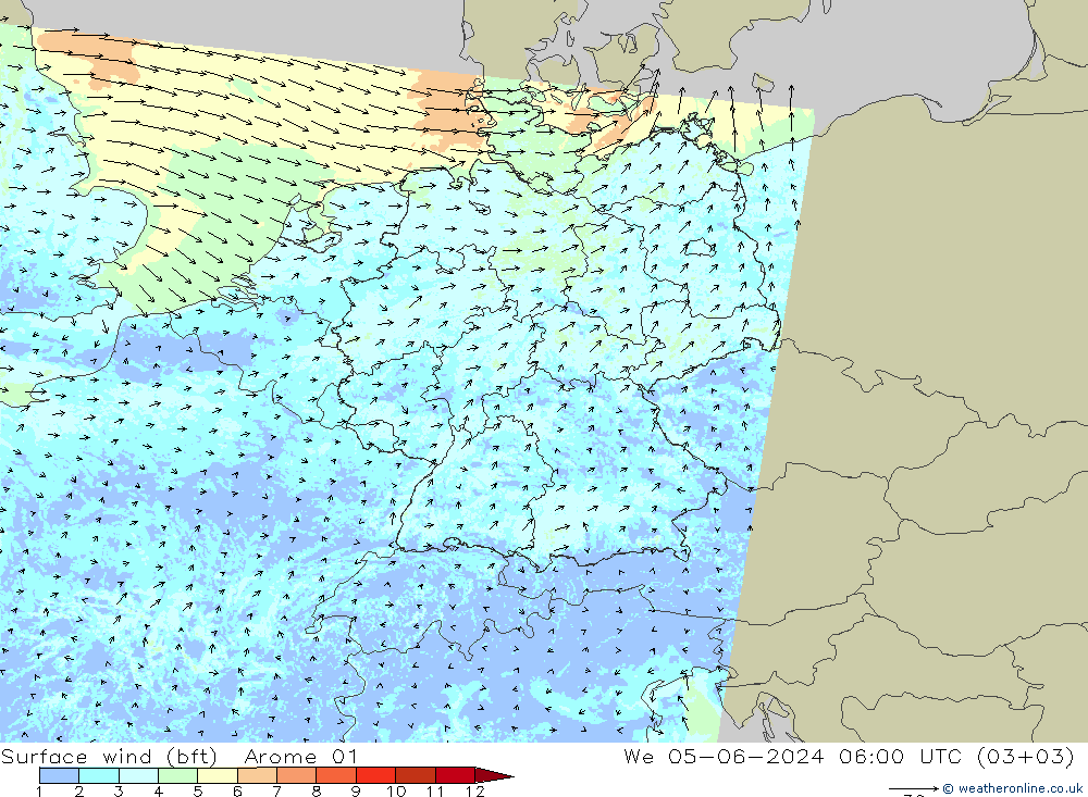 Surface wind (bft) Arome 01 We 05.06.2024 06 UTC