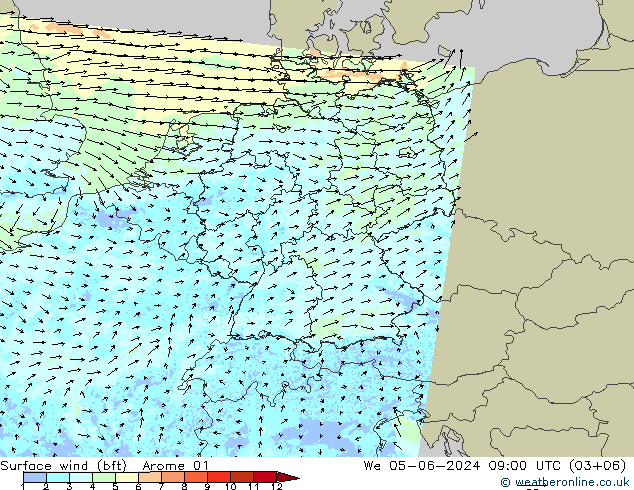 Surface wind (bft) Arome 01 St 05.06.2024 09 UTC