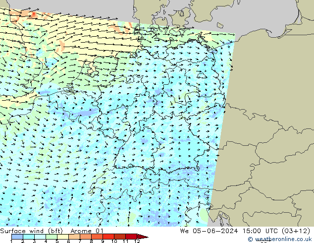 Vento 10 m (bft) Arome 01 Qua 05.06.2024 15 UTC