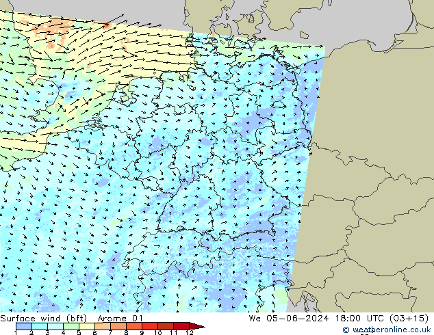 Wind 10 m (bft) Arome 01 wo 05.06.2024 18 UTC