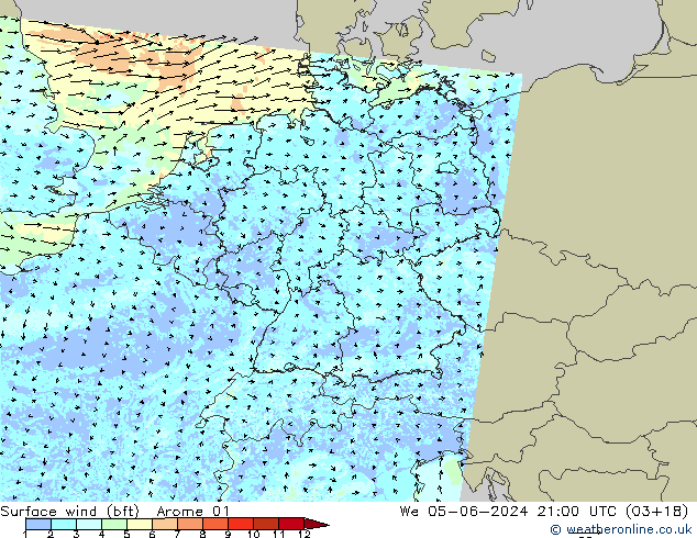 Surface wind (bft) Arome 01 We 05.06.2024 21 UTC