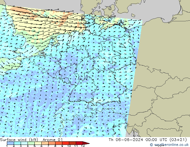  10 m (bft) Arome 01  06.06.2024 00 UTC