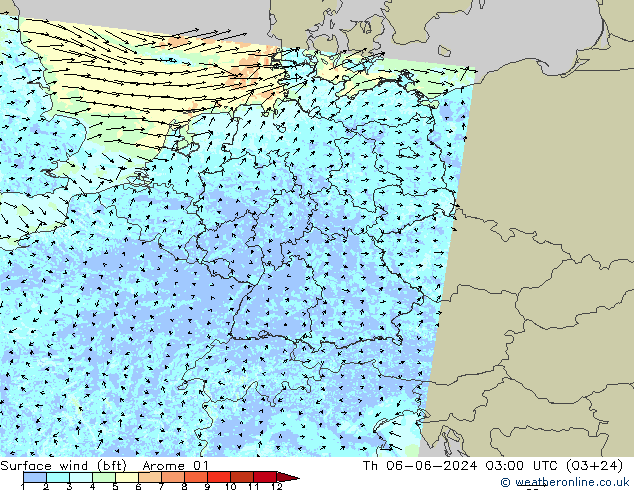 Surface wind (bft) Arome 01 Th 06.06.2024 03 UTC