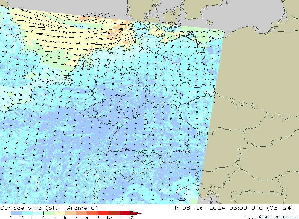 Surface wind (bft) Arome 01 Th 06.06.2024 03 UTC