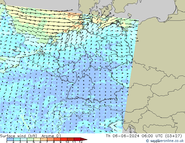  10 m (bft) Arome 01  06.06.2024 06 UTC