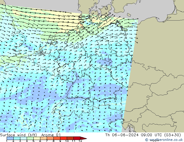 Vento 10 m (bft) Arome 01 Qui 06.06.2024 09 UTC