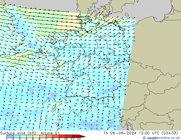 Surface wind (bft) Arome 01 Th 06.06.2024 12 UTC