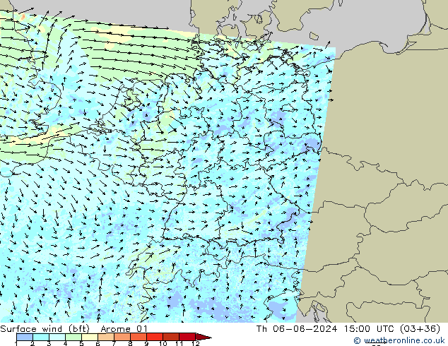 Wind 10 m (bft) Arome 01 do 06.06.2024 15 UTC