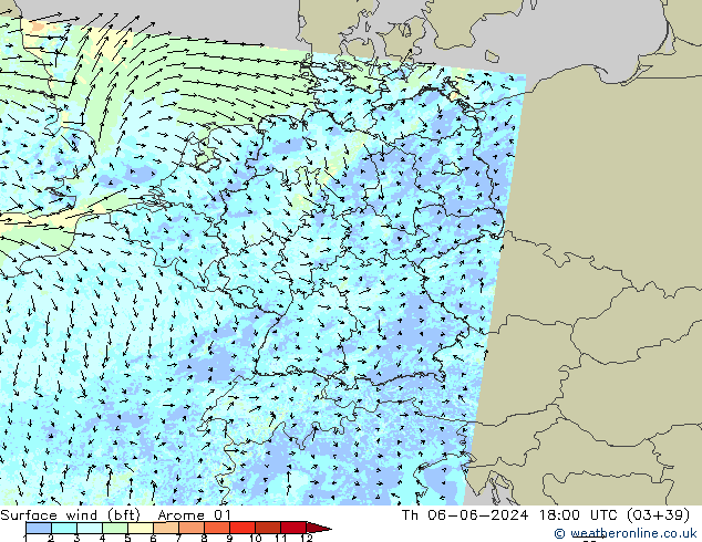 Surface wind (bft) Arome 01 Th 06.06.2024 18 UTC