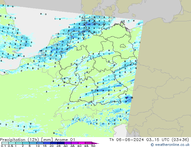 Precipitation (12h) Arome 01 Čt 06.06.2024 15 UTC