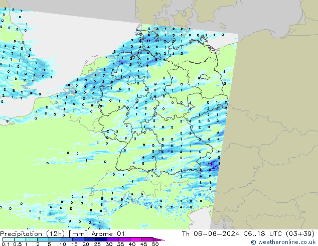 Totale neerslag (12h) Arome 01 do 06.06.2024 18 UTC