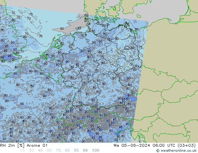 RH 2m Arome 01 星期三 05.06.2024 06 UTC