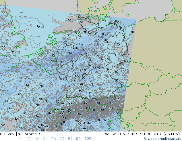 Humedad rel. 2m Arome 01 mié 05.06.2024 09 UTC