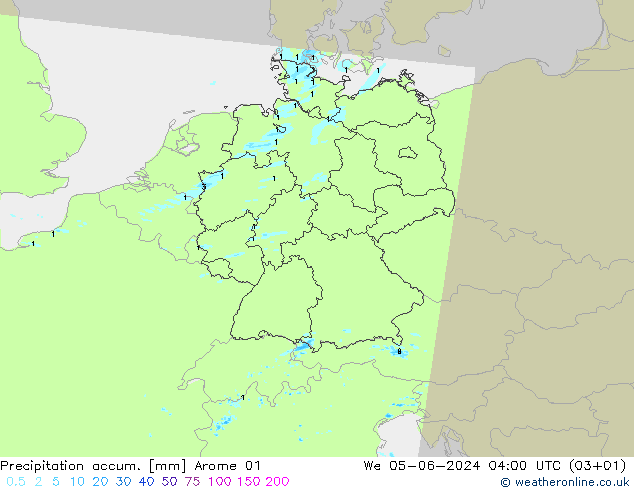 Precipitation accum. Arome 01 We 05.06.2024 04 UTC