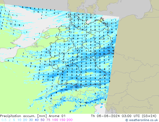 Precipitation accum. Arome 01 Čt 06.06.2024 03 UTC