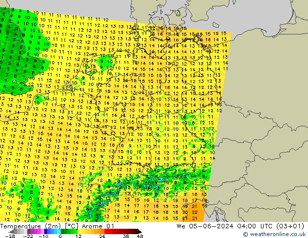 Temperature (2m) Arome 01 St 05.06.2024 04 UTC