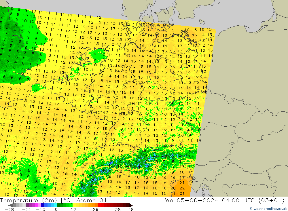 温度图 Arome 01 星期三 05.06.2024 04 UTC