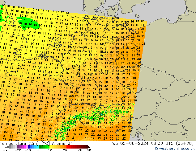 Temperatura (2m) Arome 01 mer 05.06.2024 09 UTC