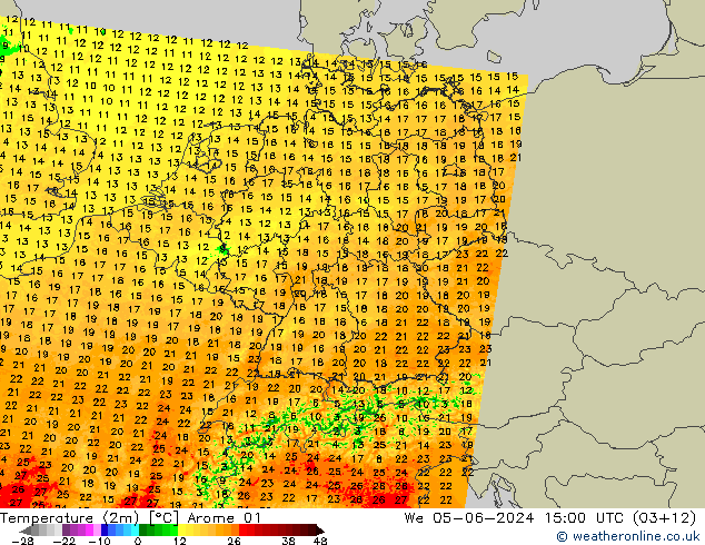 Sıcaklık Haritası (2m) Arome 01 Çar 05.06.2024 15 UTC