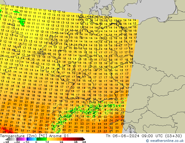 Temperatura (2m) Arome 01 Qui 06.06.2024 09 UTC