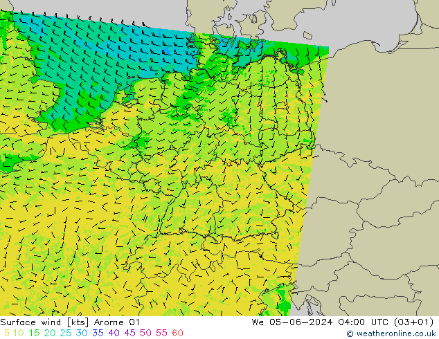 风 10 米 Arome 01 星期三 05.06.2024 04 UTC