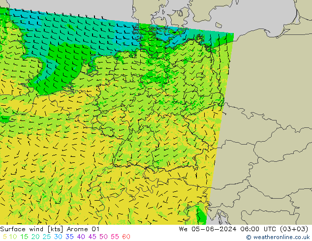 Surface wind Arome 01 We 05.06.2024 06 UTC