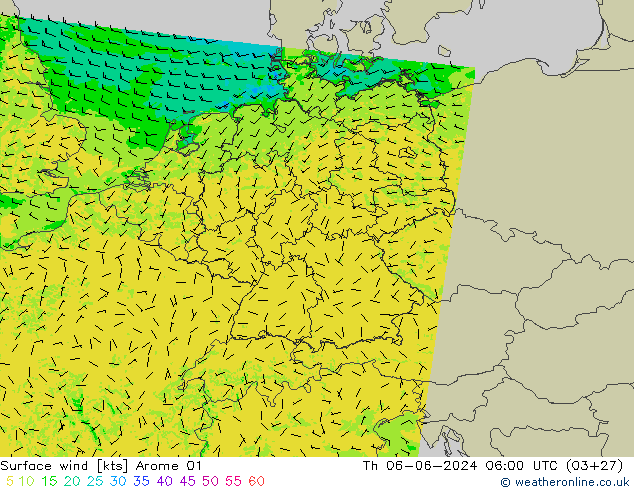 Vento 10 m Arome 01 gio 06.06.2024 06 UTC