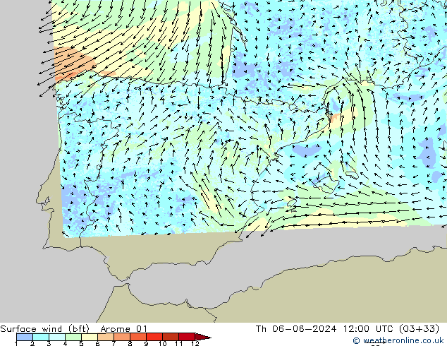 Vent 10 m (bft) Arome 01 jeu 06.06.2024 12 UTC