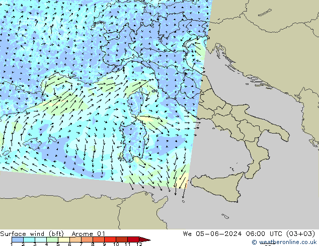 Vento 10 m (bft) Arome 01 Qua 05.06.2024 06 UTC