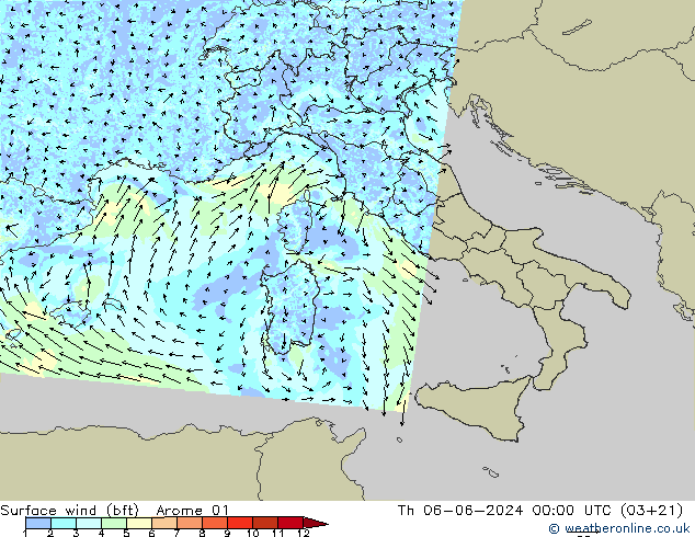 Vento 10 m (bft) Arome 01 gio 06.06.2024 00 UTC