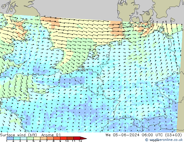 Bodenwind (bft) Arome 01 Mi 05.06.2024 06 UTC