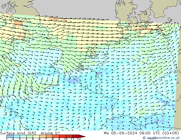 Vent 10 m (bft) Arome 01 mer 05.06.2024 09 UTC