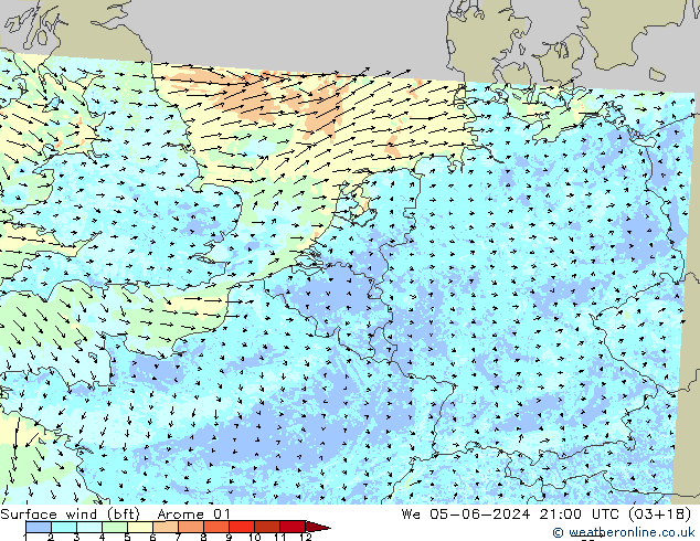  10 m (bft) Arome 01  05.06.2024 21 UTC