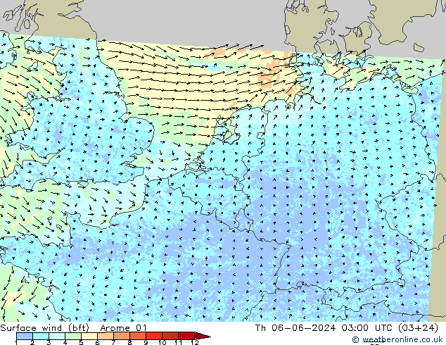 Vento 10 m (bft) Arome 01 Qui 06.06.2024 03 UTC