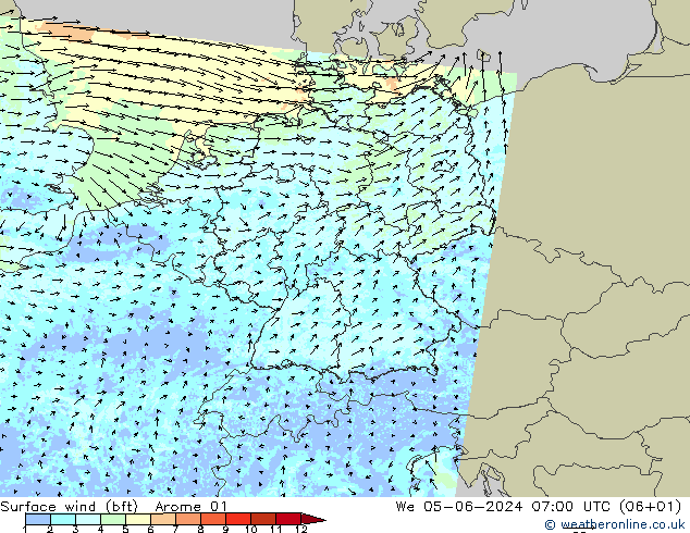 wiatr 10 m (bft) Arome 01 śro. 05.06.2024 07 UTC