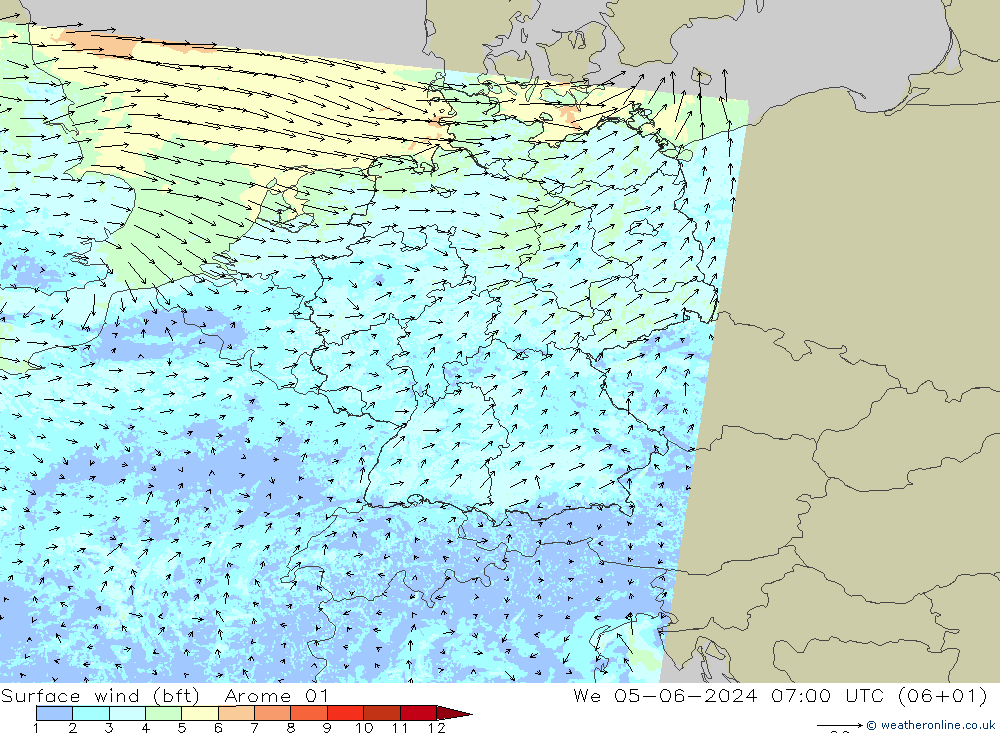 ве�Bе�@ 10 m (bft) Arome 01 ср 05.06.2024 07 UTC