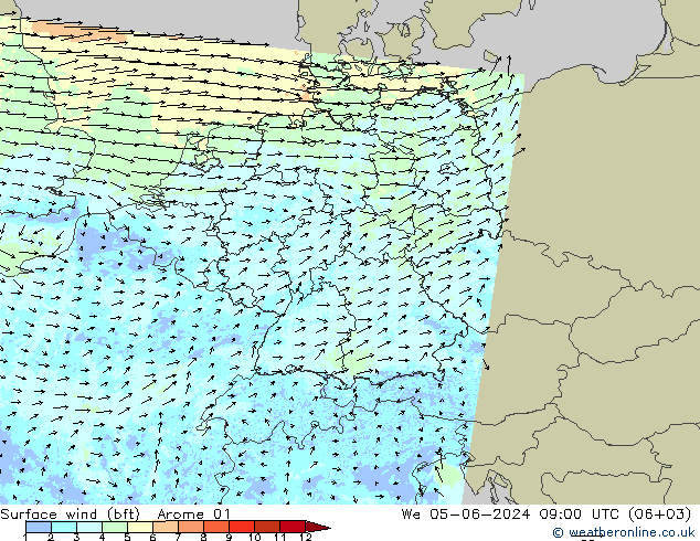 Wind 10 m (bft) Arome 01 wo 05.06.2024 09 UTC