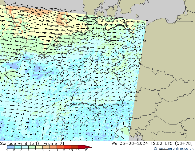 Wind 10 m (bft) Arome 01 wo 05.06.2024 12 UTC