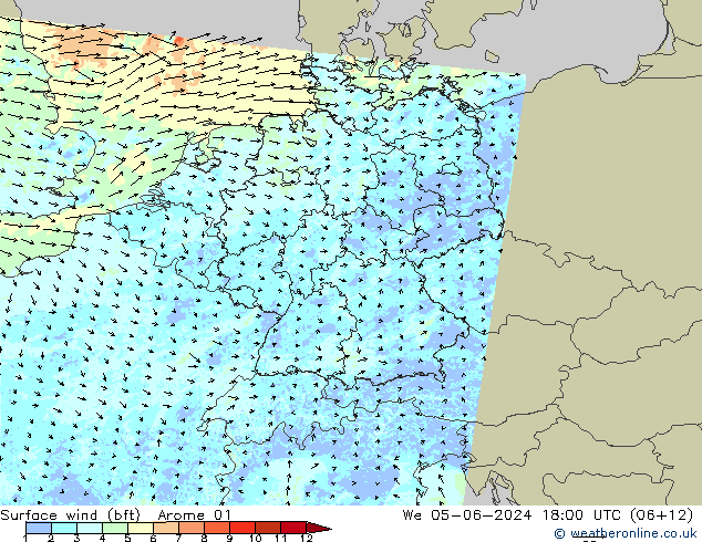 �N 10 米 (bft) Arome 01 星期三 05.06.2024 18 UTC