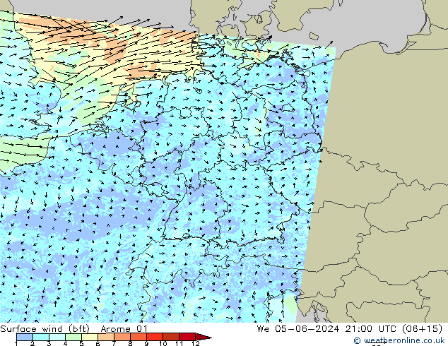 Surface wind (bft) Arome 01 St 05.06.2024 21 UTC