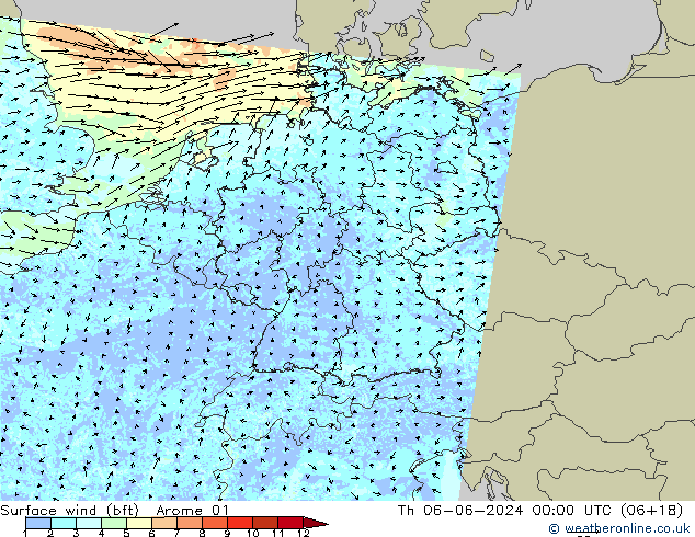 Vento 10 m (bft) Arome 01 gio 06.06.2024 00 UTC