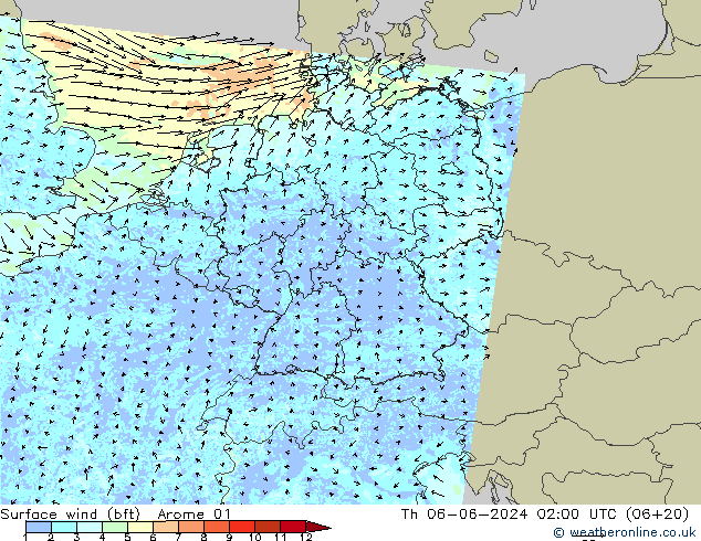 wiatr 10 m (bft) Arome 01 czw. 06.06.2024 02 UTC