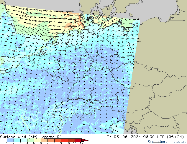 wiatr 10 m (bft) Arome 01 czw. 06.06.2024 06 UTC