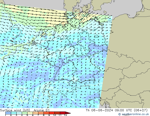 Surface wind (bft) Arome 01 Th 06.06.2024 09 UTC