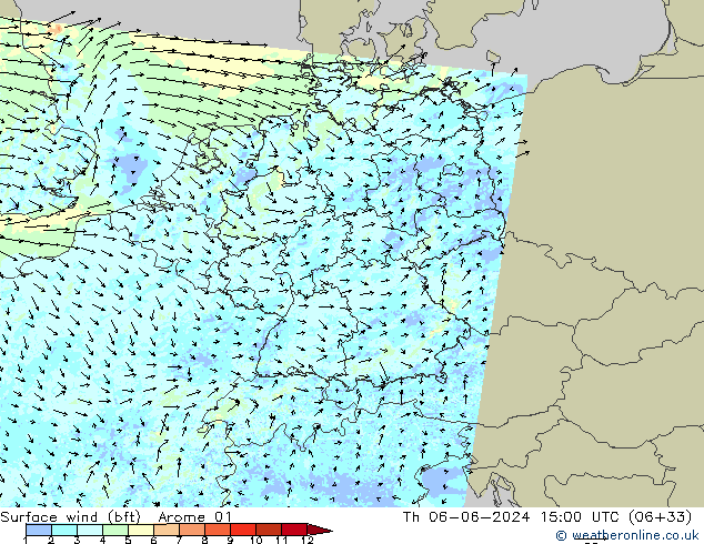 Vent 10 m (bft) Arome 01 jeu 06.06.2024 15 UTC