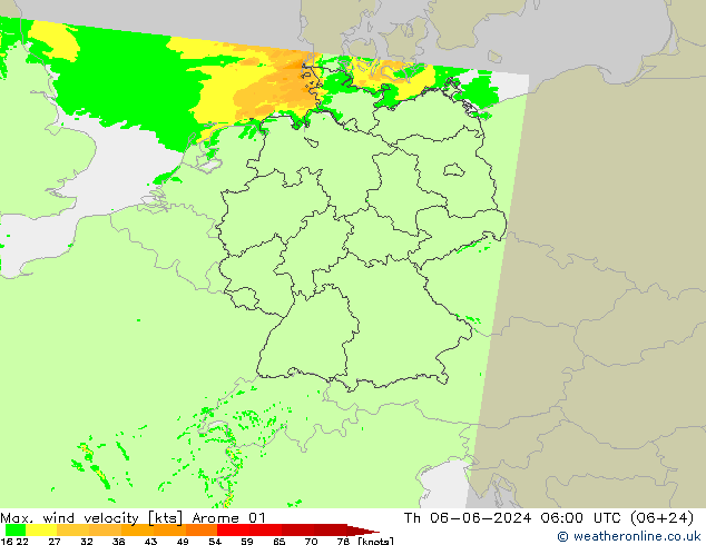 Max. wind velocity Arome 01 jue 06.06.2024 06 UTC