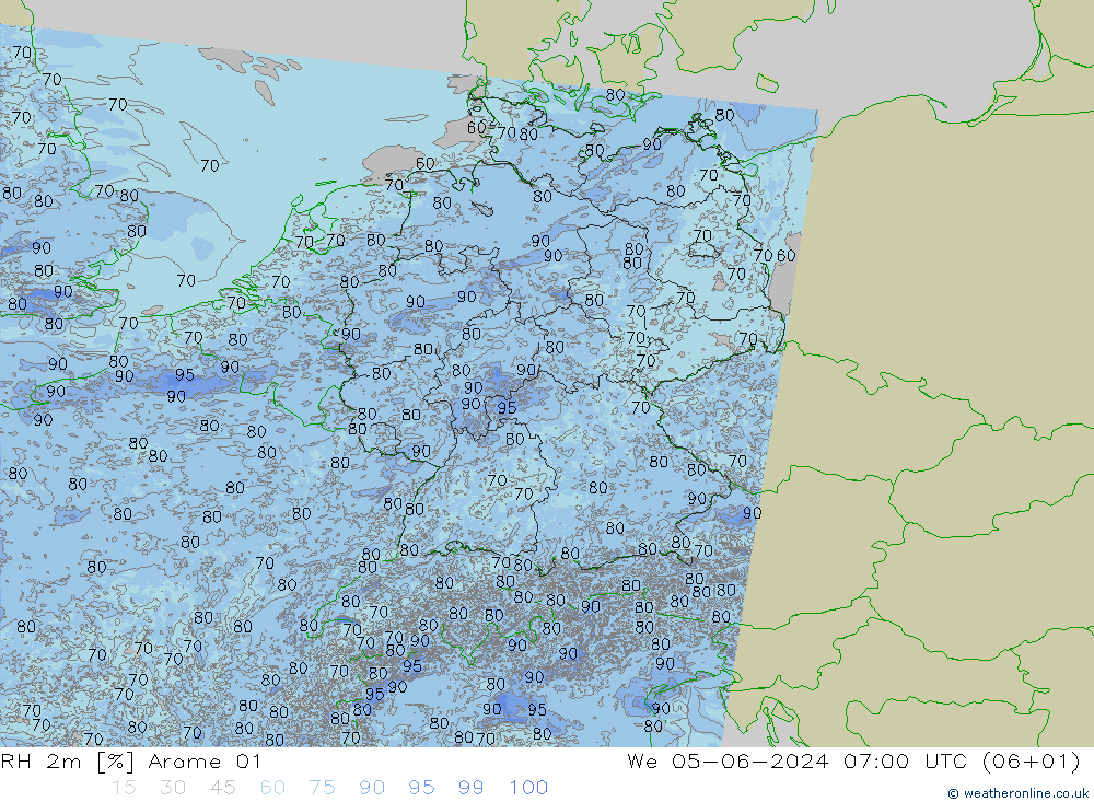 RH 2m Arome 01 星期三 05.06.2024 07 UTC