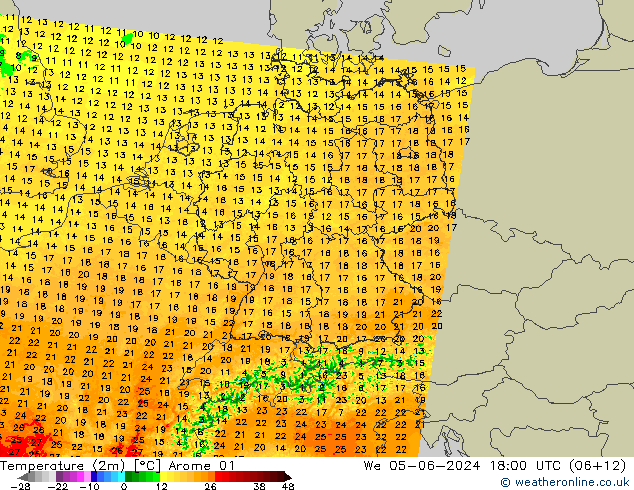 Temperatuurkaart (2m) Arome 01 wo 05.06.2024 18 UTC