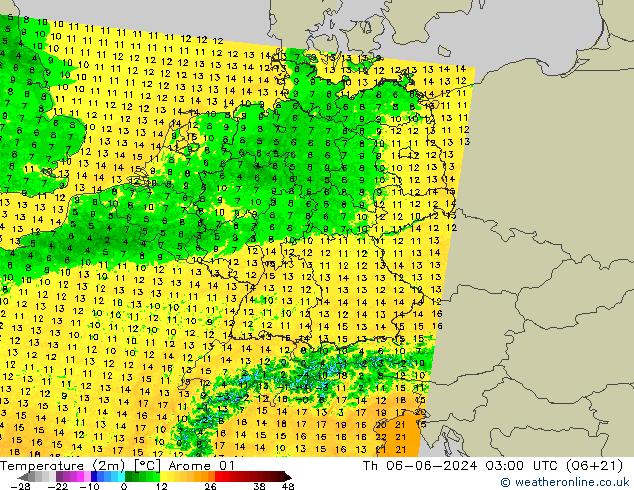 Temperature (2m) Arome 01 Th 06.06.2024 03 UTC