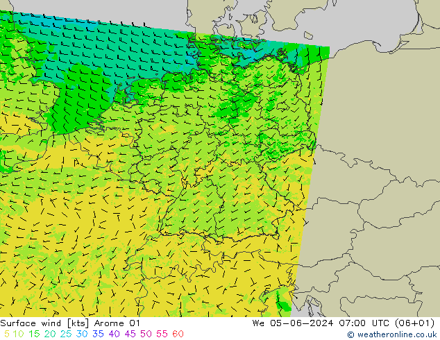 Vento 10 m Arome 01 mer 05.06.2024 07 UTC